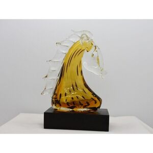 Beautiful Yellow Blown‎ Glass Horse on Wooden Base Bookend